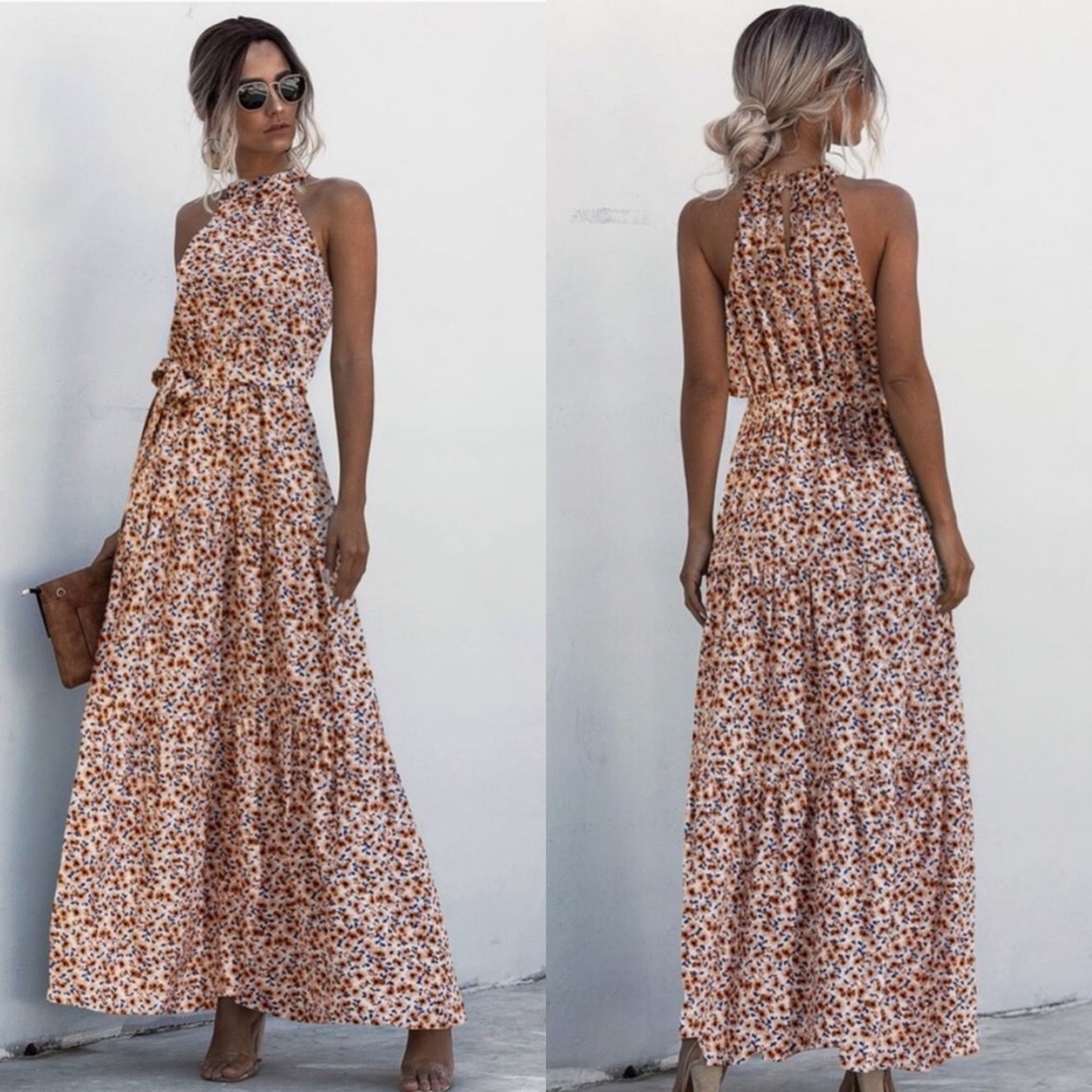 Boho floral print belted halter spring dress - Picture 5 of 6